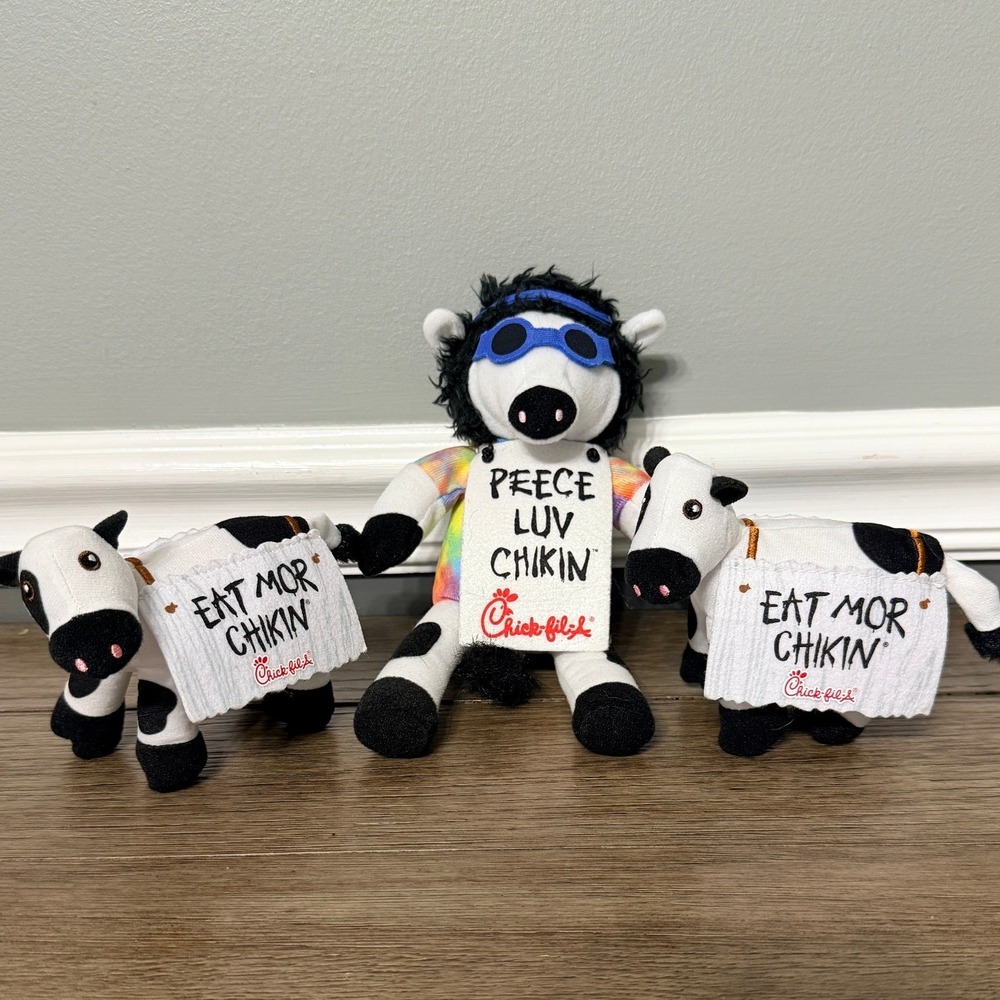 Chick-fil-A Cow Plush Lot 3 Eat Mor Chikin Peece Luv Chikin Tie Dye Advertising